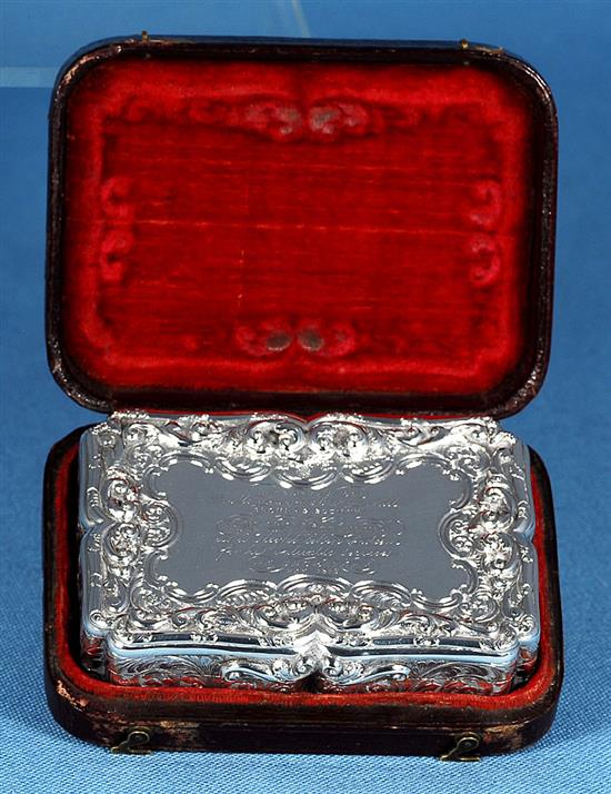 A good early Victorian silver table snuff box in original fitted case, Length 85mm mm Width 60mm Weight 4.7oz/135grms